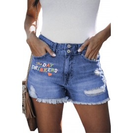 Letters Print Raw Cuffs Denim Shorts