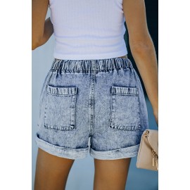 Sky Blue Pocketed Drawstring High Waist Denim Shorts