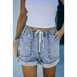 Sky Blue Pocketed Drawstring High Waist Denim Shorts