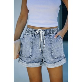 Sky Blue Pocketed Drawstring High Waist Denim Shorts