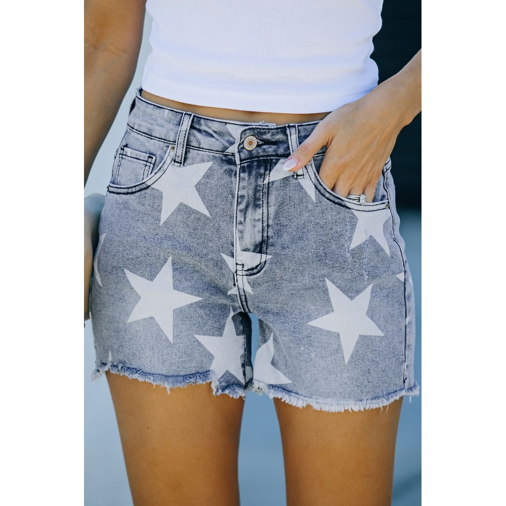 Light Blue Star Print Frayed Mid Waist Denim Shorts