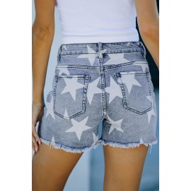 Light Blue Star Print Frayed Mid Waist Denim Shorts