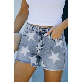 Light Blue Star Print Frayed Mid Waist Denim Shorts