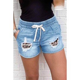 Distressed Leopard Patchwork Denim Shorts