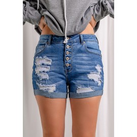 Blue Distressed Patchwork Button Fly Denim Shorts