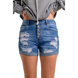 Blue Distressed Patchwork Button Fly Denim Shorts