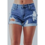 Blue Mid Waist Slim-fit Distressed Denim Shorts