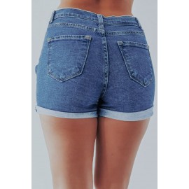 Blue Mid Waist Slim-fit Distressed Denim Shorts