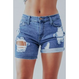 Blue Mid Waist Slim-fit Distressed Denim Shorts