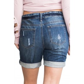 Dark Blue Denim Distressed Boyfriend Short