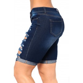 Dark Blue Denim Ripped Bermuda Shorts