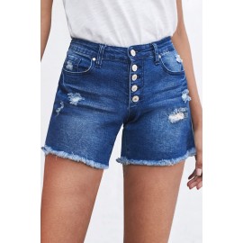 Blue Frayed Hem Single-breasted Ripped Denim Shorts