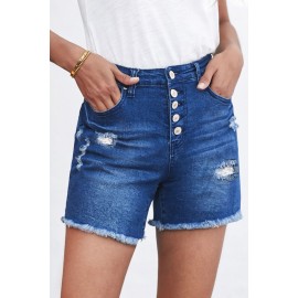 Blue Frayed Hem Single-breasted Ripped Denim Shorts