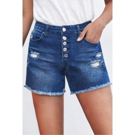 Blue Frayed Hem Single-breasted Ripped Denim Shorts