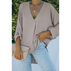 Apricot V Neck 3/4 Sleeve High Low Hem Shirt