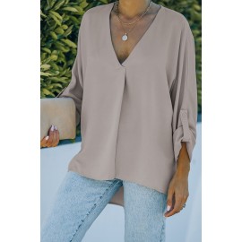 Apricot V Neck 3/4 Sleeve High Low Hem Shirt