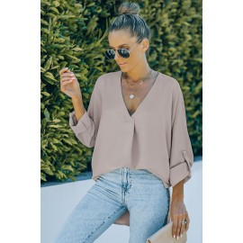 Apricot V Neck 3/4 Sleeve High Low Hem Shirt