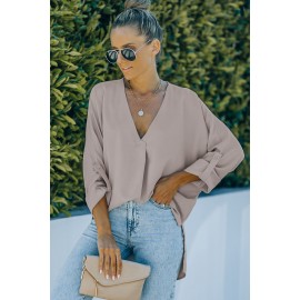 Apricot V Neck 3/4 Sleeve High Low Hem Shirt