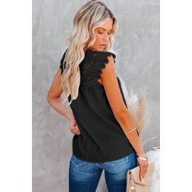 Black Lace Splicing Crew Neck Sleeveless Buttoned Shirt