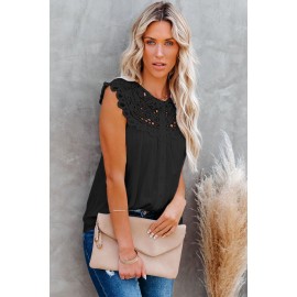 Black Lace Splicing Crew Neck Sleeveless Buttoned Shirt