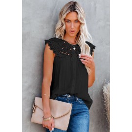 Black Lace Splicing Crew Neck Sleeveless Buttoned Shirt