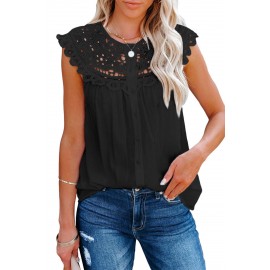 Black Lace Splicing Crew Neck Sleeveless Buttoned Shirt