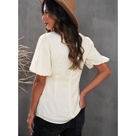 Satin Puff Sleeve V Neck Blouse