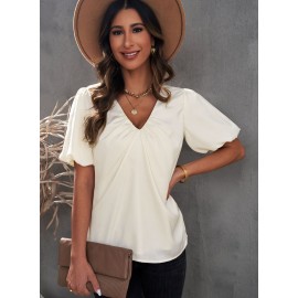 Satin Puff Sleeve V Neck Blouse