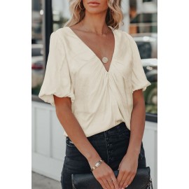 Satin Puff Sleeve V Neck Blouse