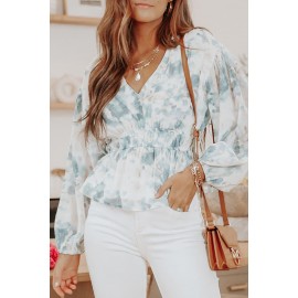 Sky Blue V Neck Tie-dye Peplum Top