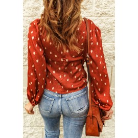 Orange Crisscross Dotted Print Bubble Sleeve Blouse