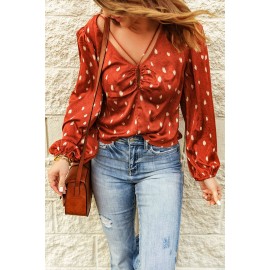 Orange Crisscross Dotted Print Bubble Sleeve Blouse