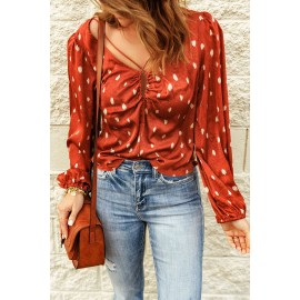 Orange Crisscross Dotted Print Bubble Sleeve Blouse