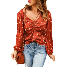 Orange Crisscross Dotted Print Bubble Sleeve Blouse