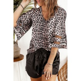 Leopard Flare Sleeve V Neck Loose Blouse