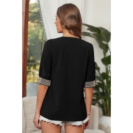 Black Deep V-neck Half Sleeve Embroidery Patch Blouse