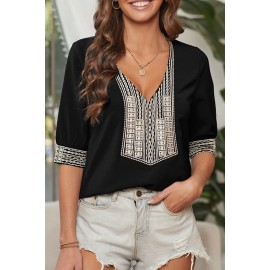 Black Deep V-neck Half Sleeve Embroidery Patch Blouse