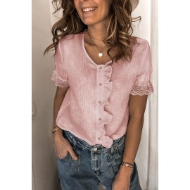 Pink Ruffles Button Short Sleeve Shirt with Lace Detail