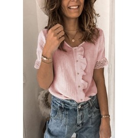 Pink Ruffles Button Short Sleeve Shirt with Lace Detail