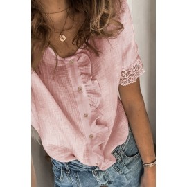 Pink Ruffles Button Short Sleeve Shirt with Lace Detail