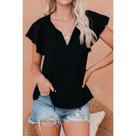 Black Solid Drawstring Ruffled Short Sleeve Blouse