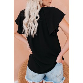 Black Solid Drawstring Ruffled Short Sleeve Blouse