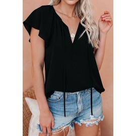 Black Solid Drawstring Ruffled Short Sleeve Blouse