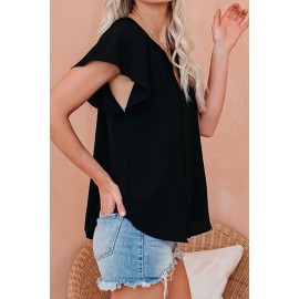 Black Solid Drawstring Ruffled Short Sleeve Blouse