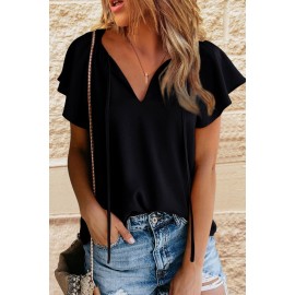 Black Solid Drawstring Ruffled Short Sleeve Blouse