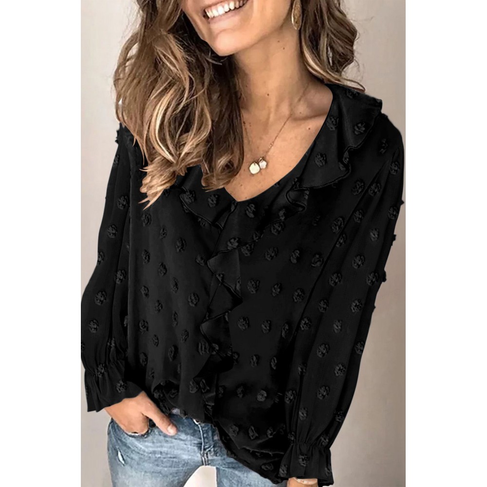 Black Bubble Sleeve V Neck Ruffles Fuzzy Polka Dot Blouse