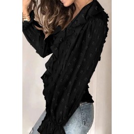 Black Bubble Sleeve V Neck Ruffles Fuzzy Polka Dot Blouse