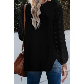 Black Swiss Dot V Neck Long Sleeve Blouse