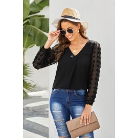 Black Swiss Dot V Neck Long Sleeve Blouse