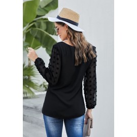 Black Swiss Dot V Neck Long Sleeve Blouse